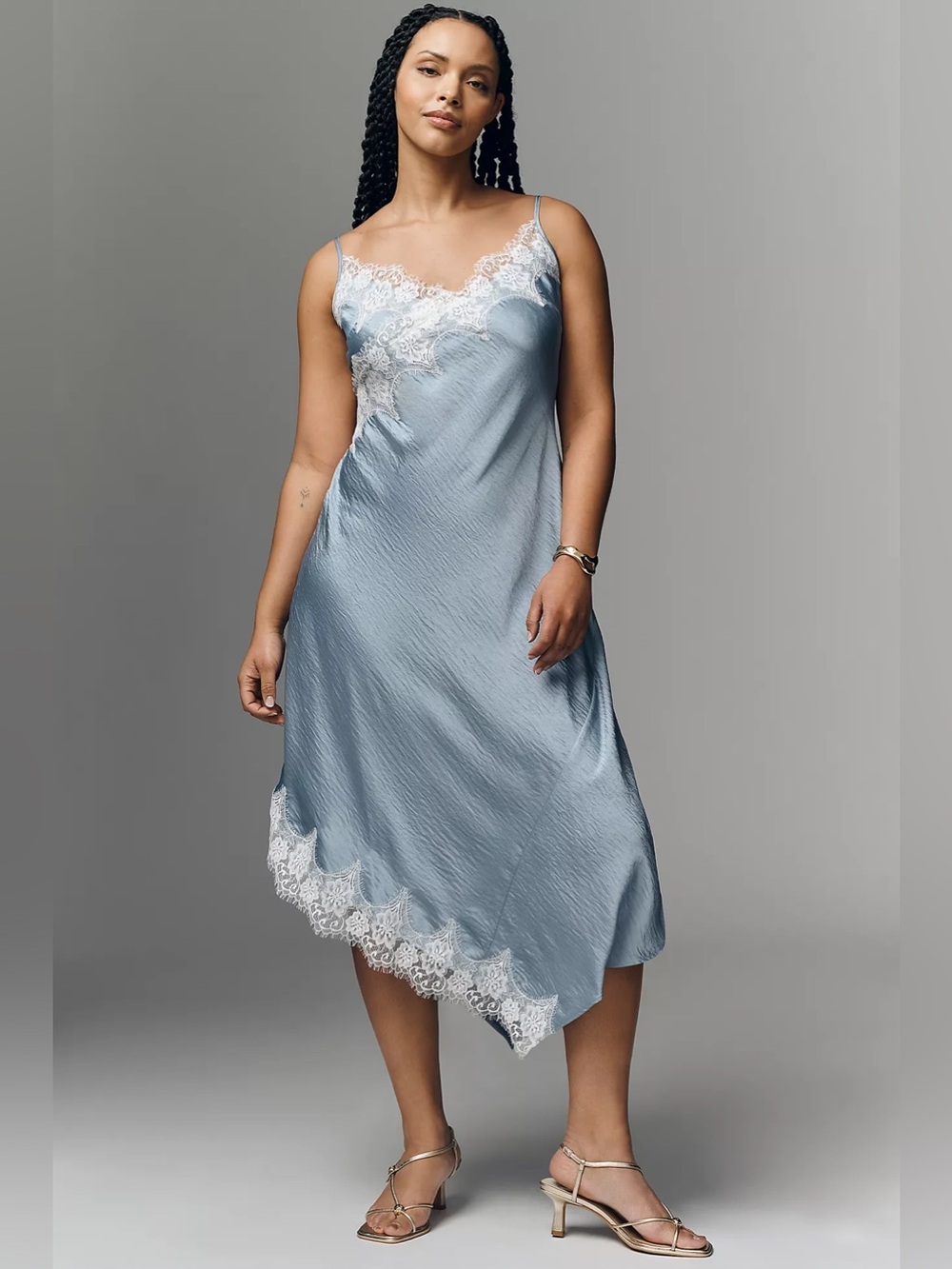 Anthropologie NWT Women's Blue Asymmetric Lace Satin Slip Dress - Size 2X - Midi